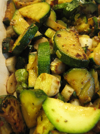 zucchini and asparagus, sautéed and ready to be crumble-topped