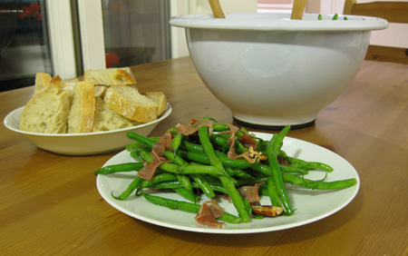 Salad with green beans, ham, parsley, and pecans