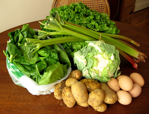 spinach, rhubarb, lettuce, cauliflower, eggs, potatoes