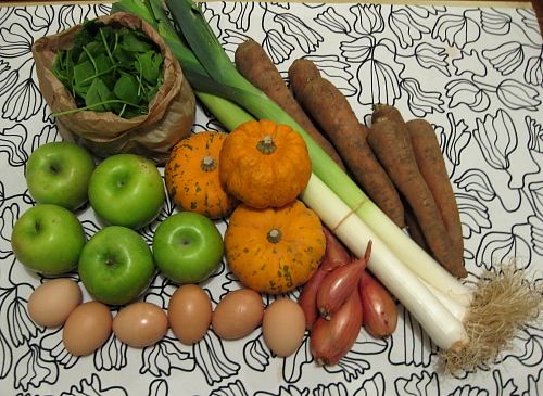 mixed greens, leeks, carrots, shallots, eggs, apples, decorative gourds