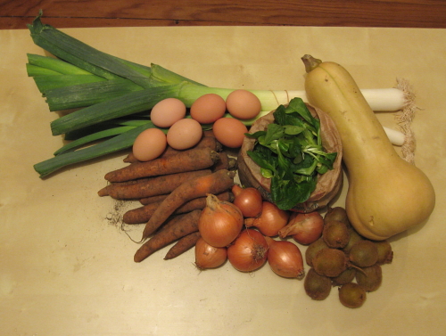 leeks, butternut squash, kiwis, onions, carrots, eggs, mâche